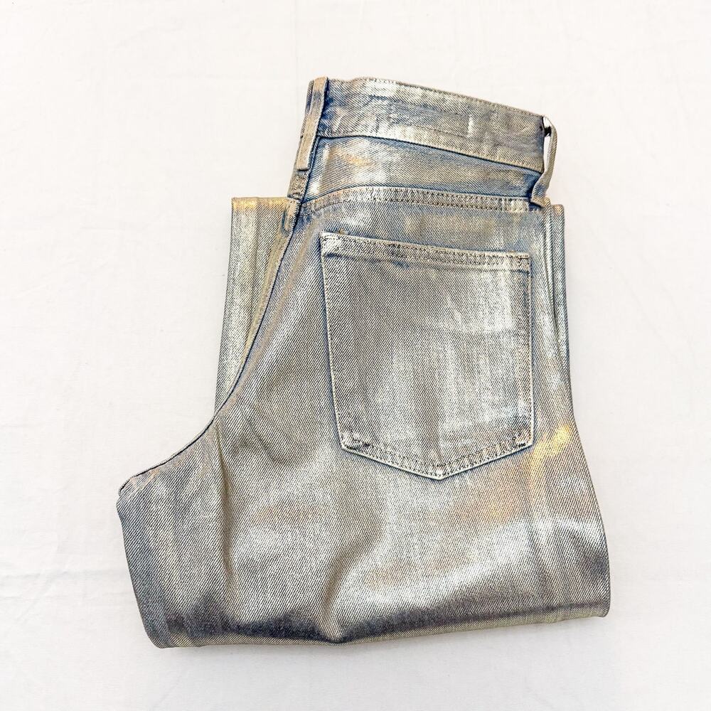 Zara Silver Metallic Foil Wide Leg High Rise Denim Jeans Zip Fly 6 EXCELLENT